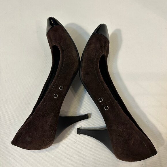 Womens Prada Brown Black Suede Patent Leather Capped Toe Heels Pumps 38.5 US/8.5 - Picture 15 of 16